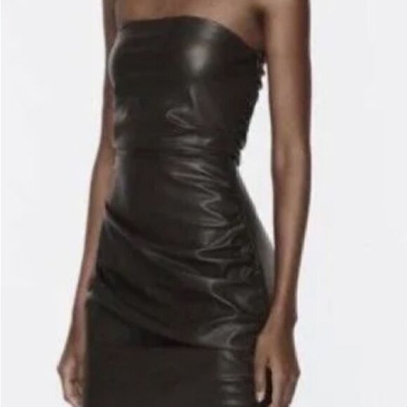 Zara Dress Small Green Leather Effect Strapless Bandeau Ruched Bodycon Tube Top - Picture 3 of 14